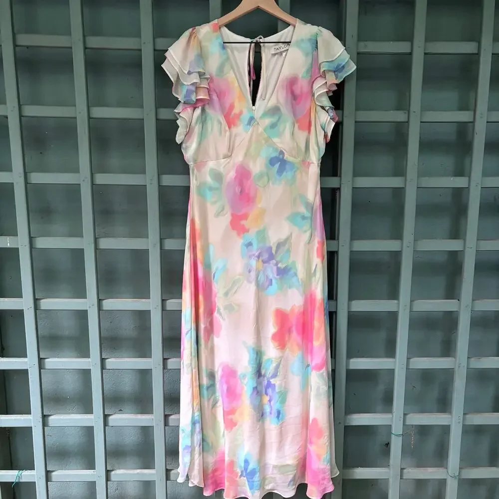 Taylor Watercolor Floral Flutter Sleeve Maxi Dress Size 14- Cottagecore - Picture 2 of 8